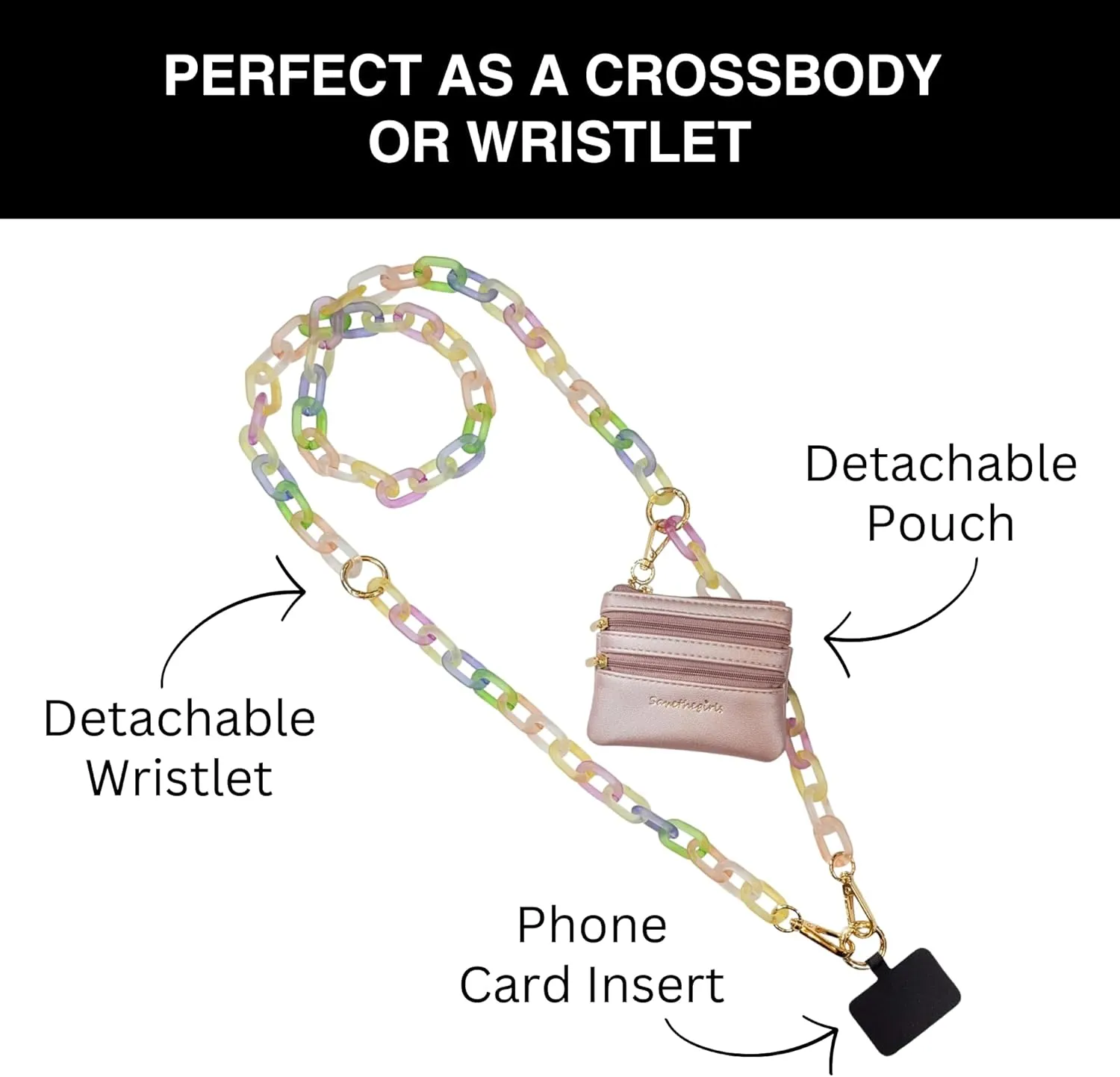 Clip and Go Phone Chain with Pouch (Rainbow - Pink Pouch) – Stylish Phone Lanyard Crossbody with Wallet for Women, Hands-Free Carrying and Adjustable Crossbody Chain Strap