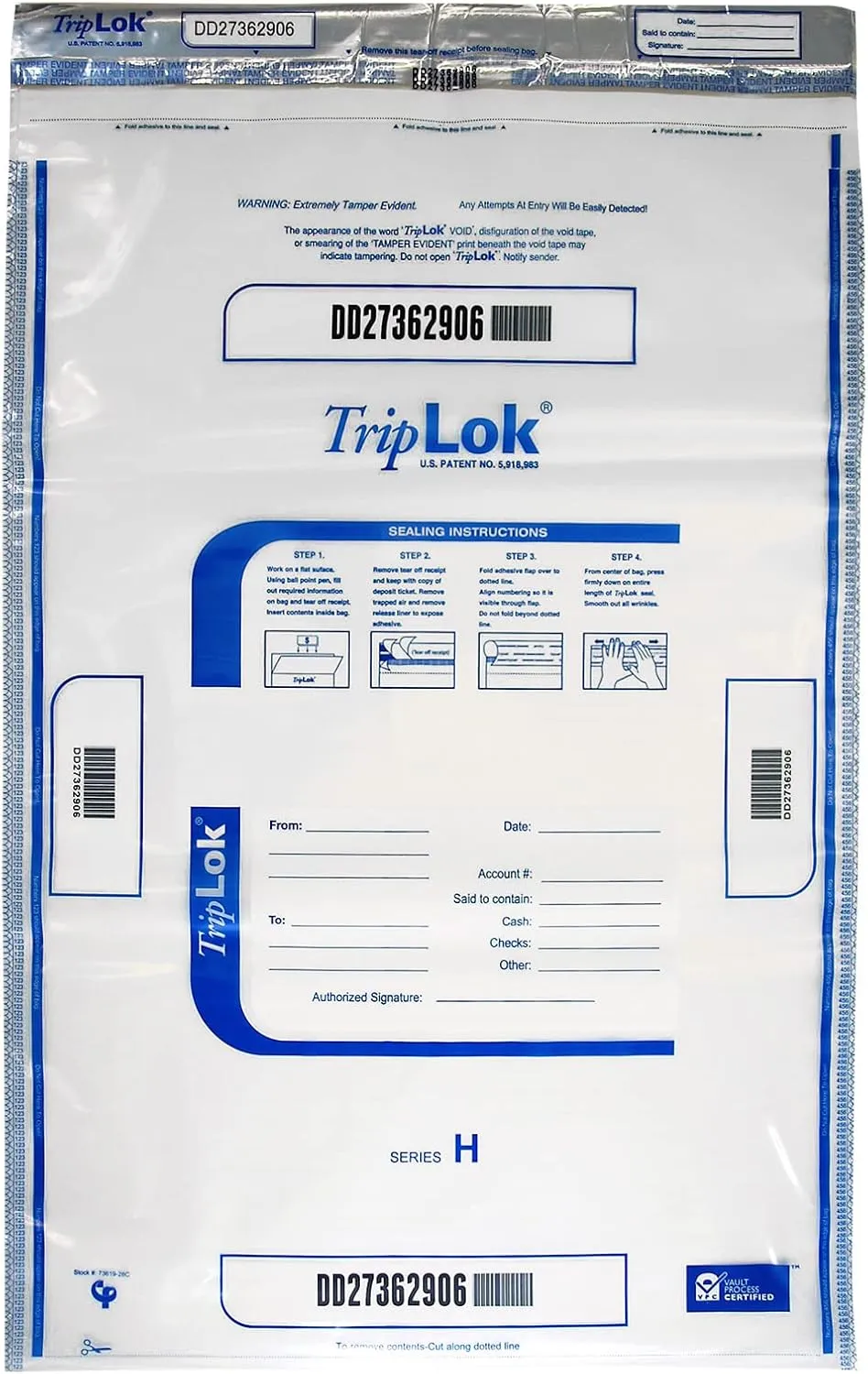 ControlTek TripLOK Tamper-Evident Deposit Bags for Cash Handling & Valuables, Moisture, Heat and Cold Sensitive Ink, Tear-off receipt   Large Barcodes, 19" x 28", Clear, 50 Bags 585059
