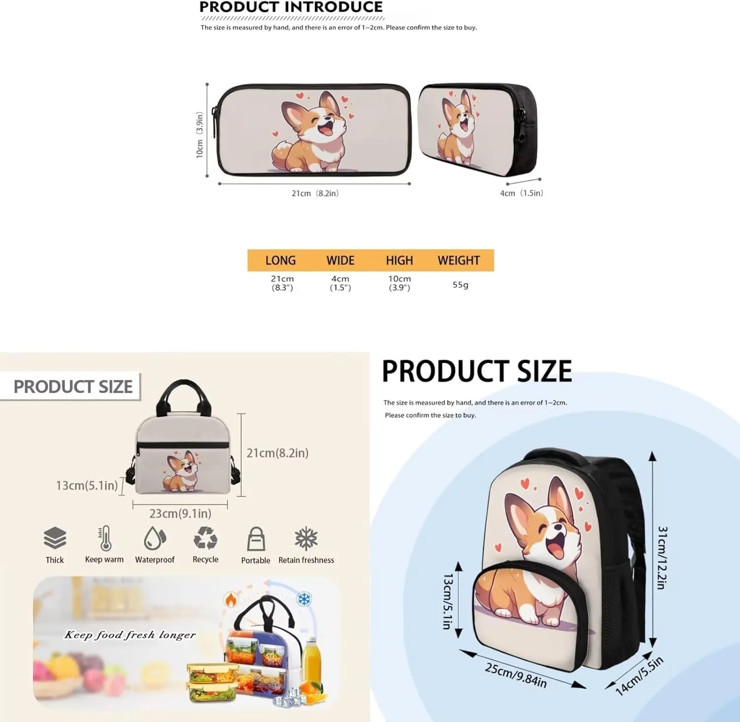 Corgi Print Backpack Lunchbox Combo for Girsl Large Capacity Waterproof Lunch Box for Girls tote Bag and Mini Pencil Case for Office Work Travel Business Outdoor