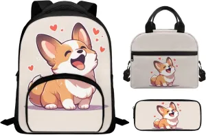 Corgi Print Backpack Lunchbox Combo for Girsl Large Capacity Waterproof Lunch Box for Girls tote Bag and Mini Pencil Case for Office Work Travel Business Outdoor