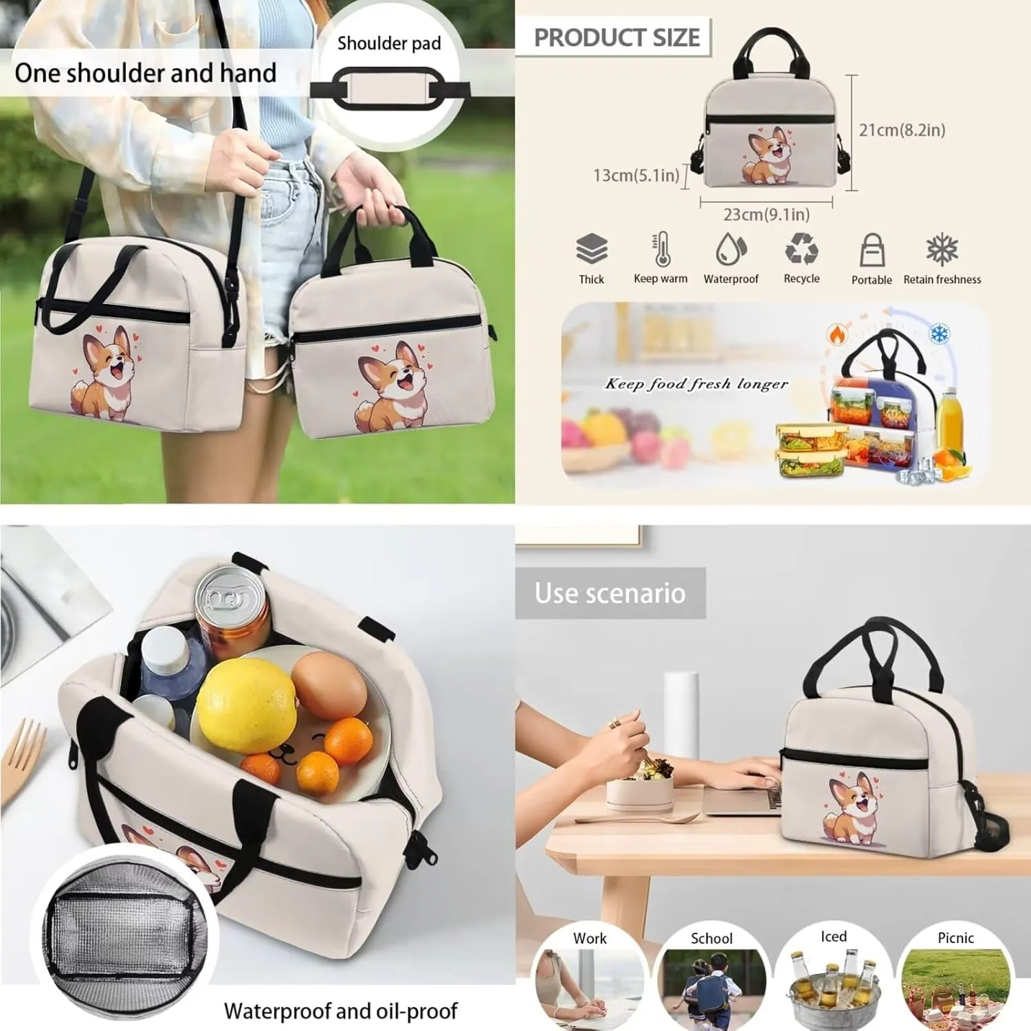 Corgi Print Backpack Lunchbox Combo for Girsl Large Capacity Waterproof Lunch Box for Girls tote Bag and Mini Pencil Case for Office Work Travel Business Outdoor