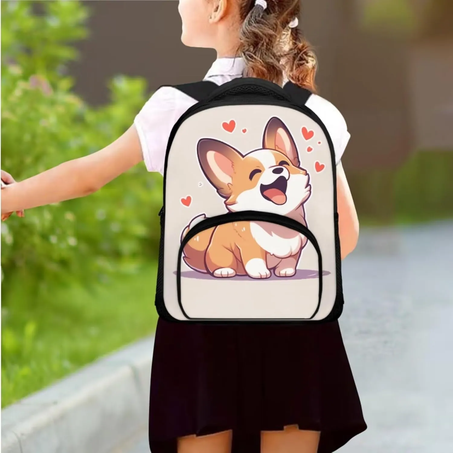 Corgi Print Backpack Lunchbox Combo for Girsl Large Capacity Waterproof Lunch Box for Girls tote Bag and Mini Pencil Case for Office Work Travel Business Outdoor