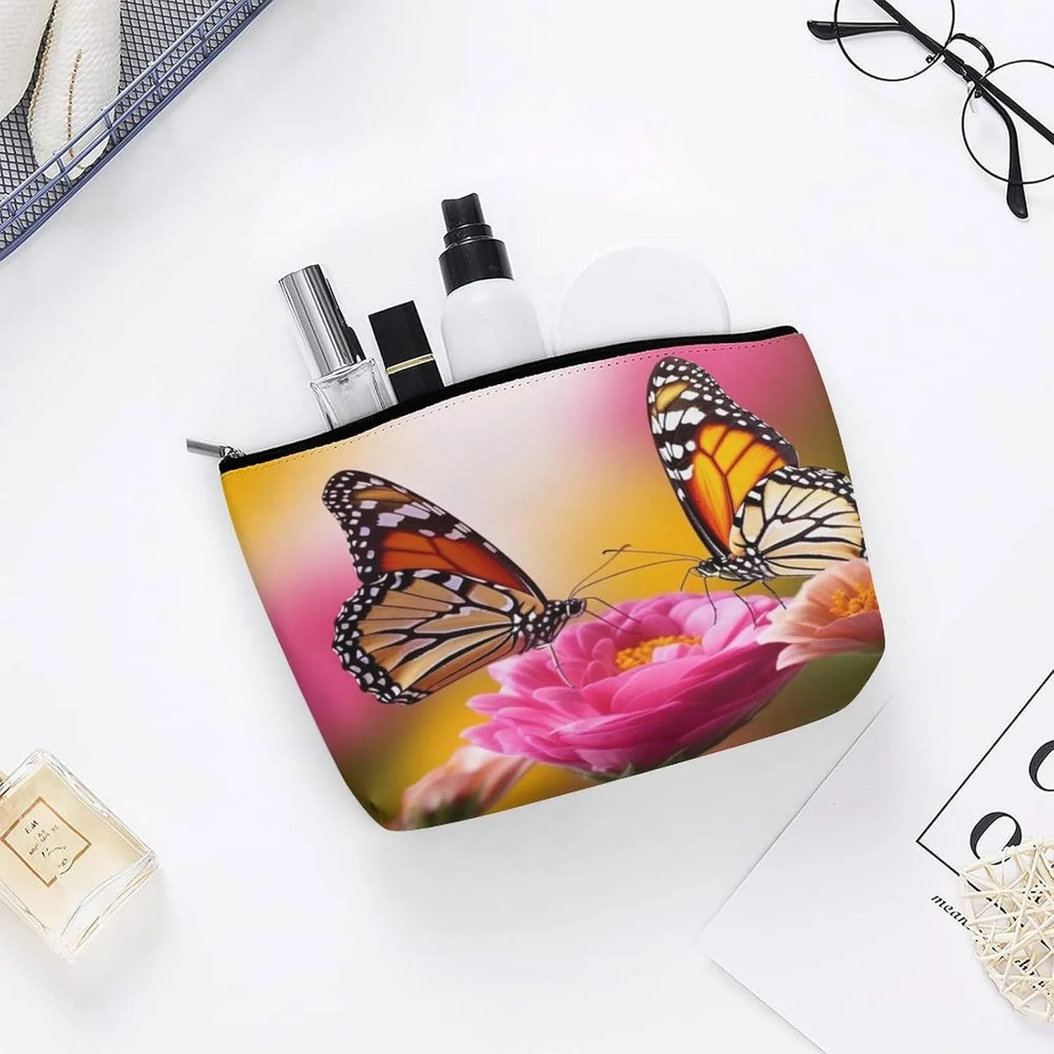 Cosmetic Bag Travel Makeup Bag Waterproof Toiletry Bag Butterfly Kissing Flowers Makeup Organizer Case Portable Toiletry Pouch Large Capacity Zipper Pouch for Women Men