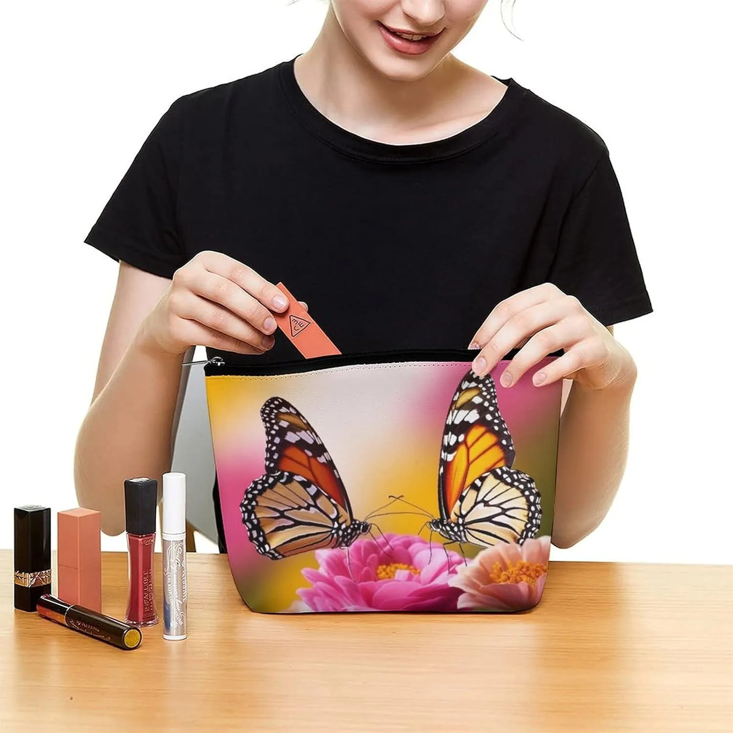 Cosmetic Bag Travel Makeup Bag Waterproof Toiletry Bag Butterfly Kissing Flowers Makeup Organizer Case Portable Toiletry Pouch Large Capacity Zipper Pouch for Women Men