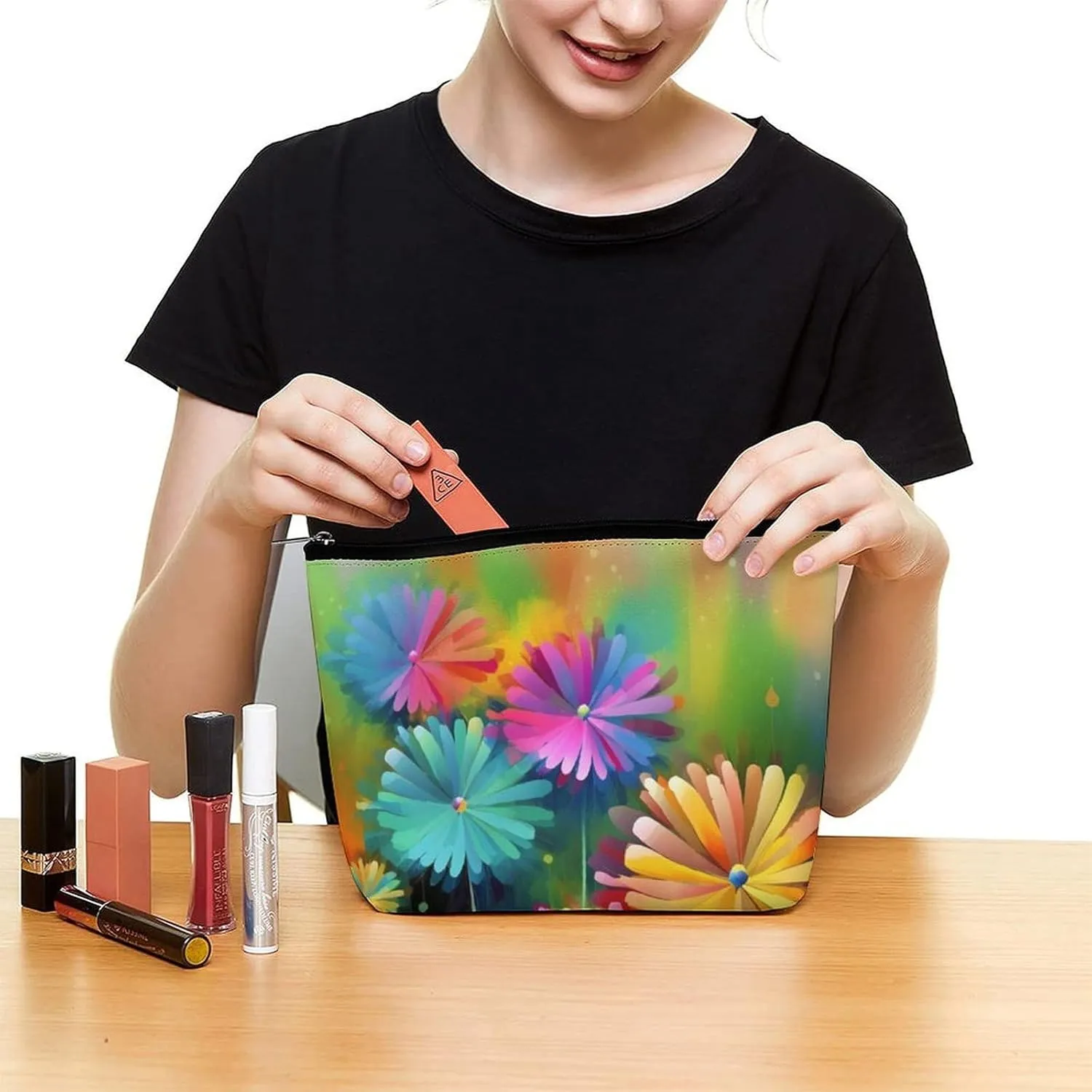 Cosmetic Bag Travel Makeup Bag Waterproof Toiletry Bag Colorful Flowers Makeup Organizer Case Portable Toiletry Pouch Large Capacity Zipper Pouch for Women Men