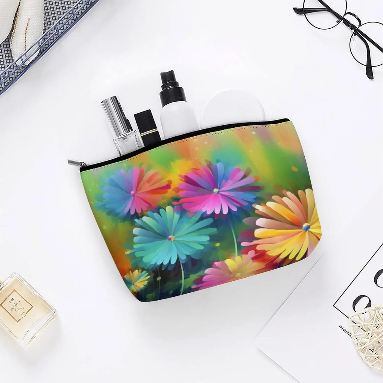 Cosmetic Bag Travel Makeup Bag Waterproof Toiletry Bag Colorful Flowers Makeup Organizer Case Portable Toiletry Pouch Large Capacity Zipper Pouch for Women Men