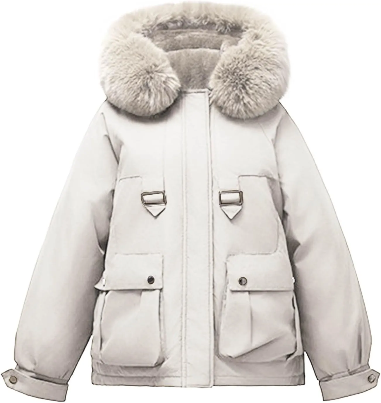Cotton Winter Puffer Parka Jacket for Women Furry Fur Hooded Quilted Trendy Warm Windproof Thicken Casual Outerwear