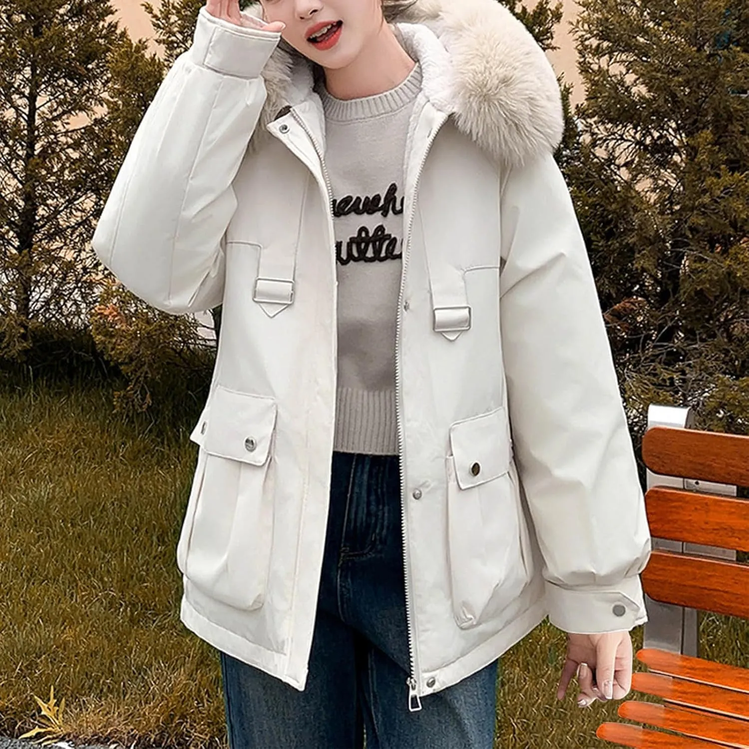 Cotton Winter Puffer Parka Jacket for Women Furry Fur Hooded Quilted Trendy Warm Windproof Thicken Casual Outerwear