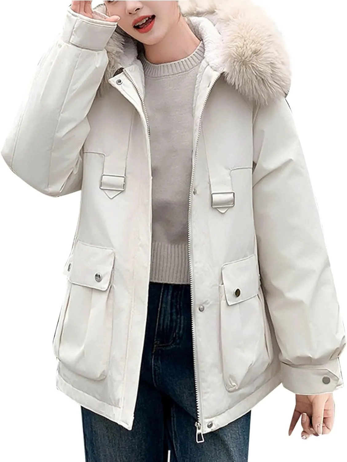 Cotton Winter Puffer Parka Jacket for Women Furry Fur Hooded Quilted Trendy Warm Windproof Thicken Casual Outerwear