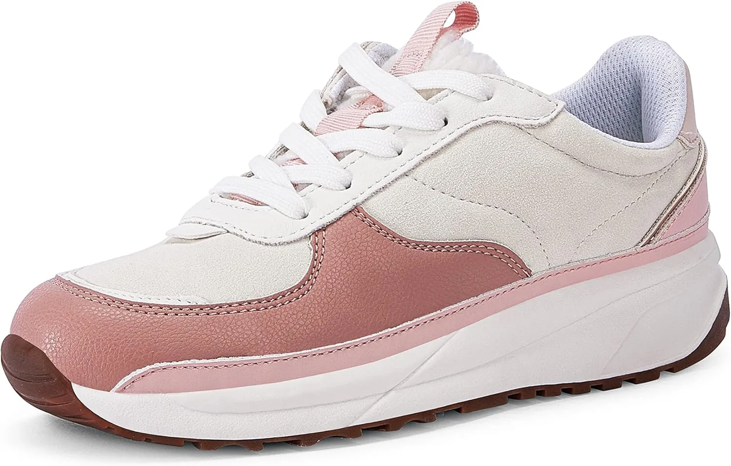 Coutgo Womens Lace Up Platform Sneakers Trendy Athletic Tennis Faux Leather Suede Neutral Comfortable Walking Shoes