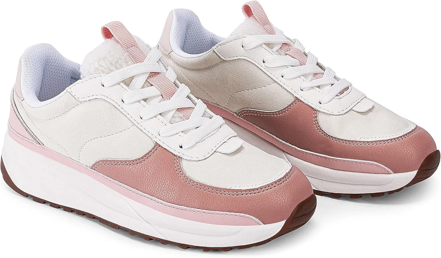 Coutgo Womens Lace Up Platform Sneakers Trendy Athletic Tennis Faux Leather Suede Neutral Comfortable Walking Shoes