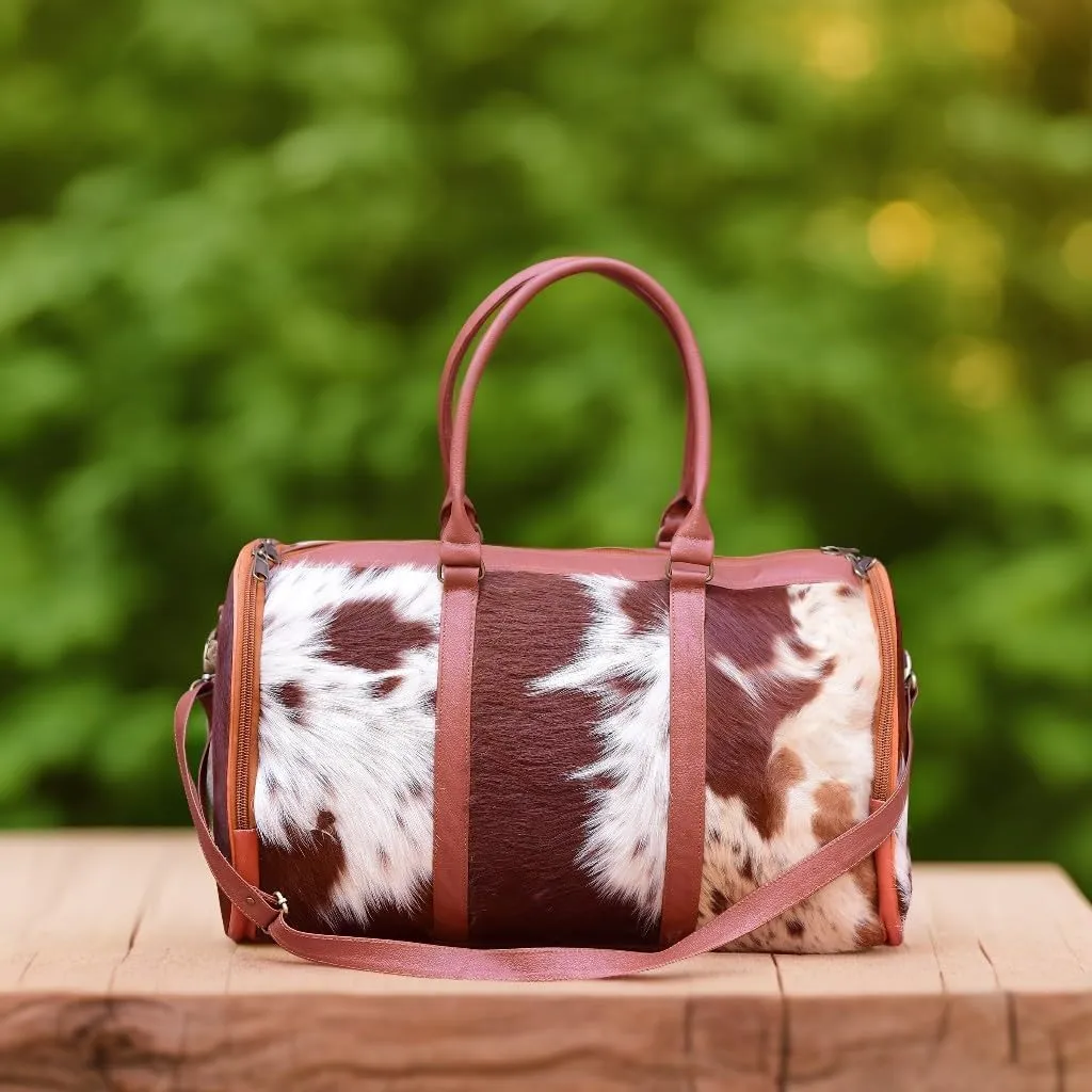 Cowhide Duffel Bag for Men and Women,Weekend for Travel Enthusiasts Unique Wanderlust"" (brown white)