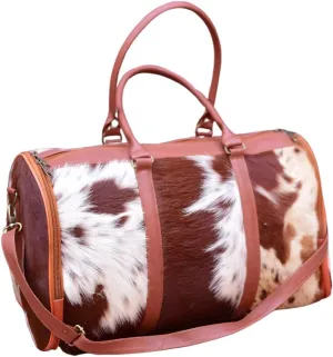 Cowhide Duffel Bag for Men and Women,Weekend for Travel Enthusiasts Unique Wanderlust"" (brown white)