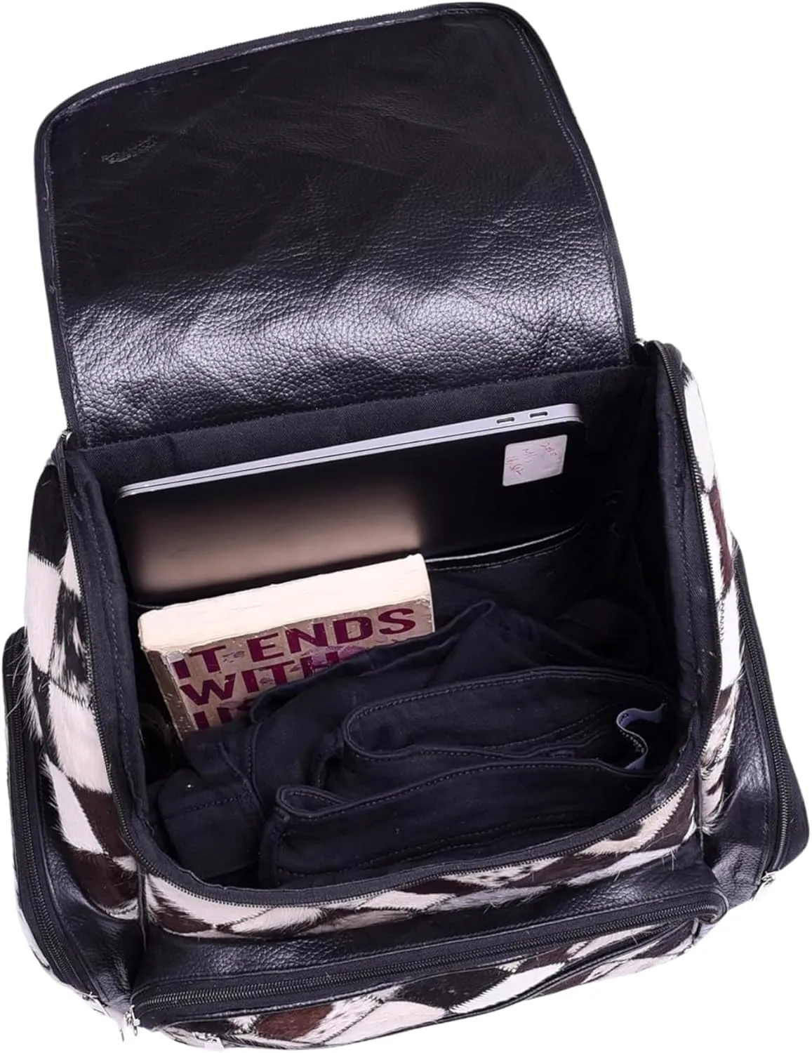 Cowhide Leather Backpack Animal Print Multipatch Bag with Laptop Compartment – Unique Travel Diaper Bag Backpack for Women (Black)