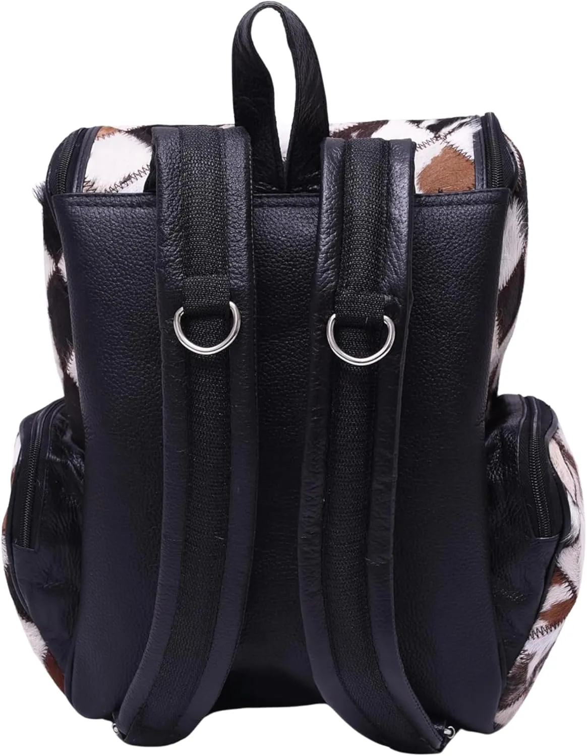 Cowhide Leather Backpack Animal Print Multipatch Bag with Laptop Compartment – Unique Travel Diaper Bag Backpack for Women (Black)