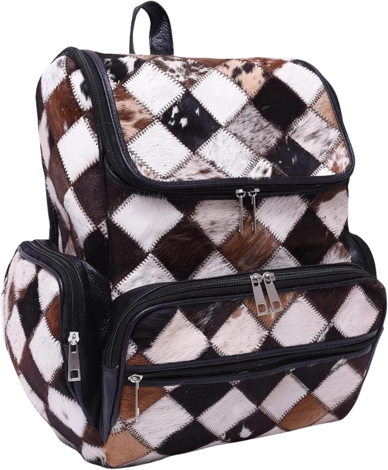 Cowhide Leather Backpack Animal Print Multipatch Bag with Laptop Compartment – Unique Travel Diaper Bag Backpack for Women (Black)