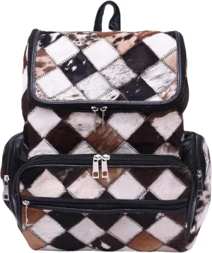 Cowhide Leather Backpack Animal Print Multipatch Bag with Laptop Compartment – Unique Travel Diaper Bag Backpack for Women (Black)