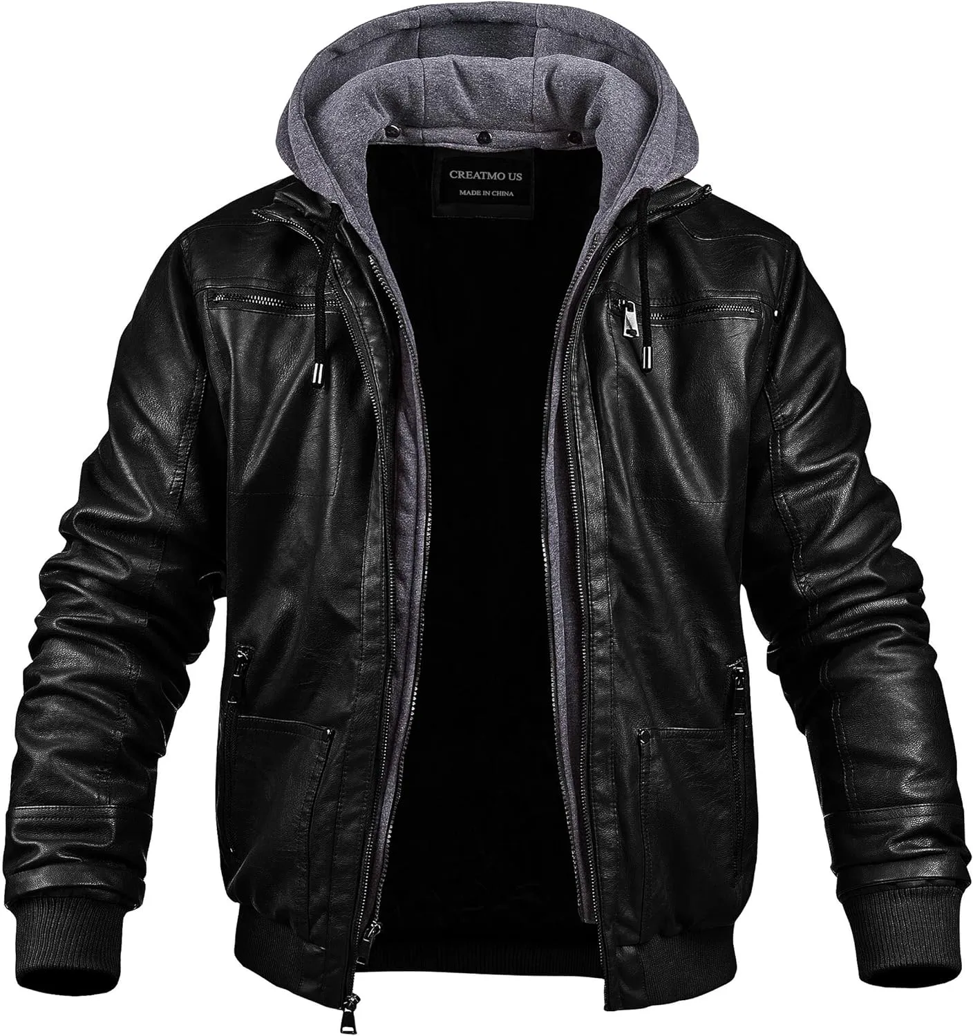 CREATMO US Men's Faux Leather Jacket Motorcycle Jacket Waterproof Windproof PU Moto Vintage Bomber Hoodie with Removable Hood