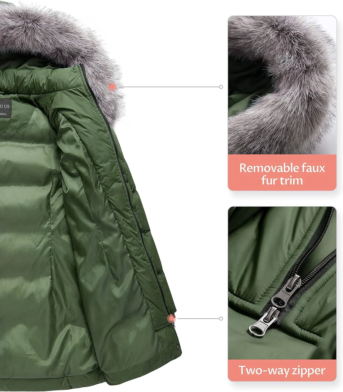 CREATMO US Women's Winter Snow Jacket Long Fur Puffer Coat With Removable Faux Fur Trim