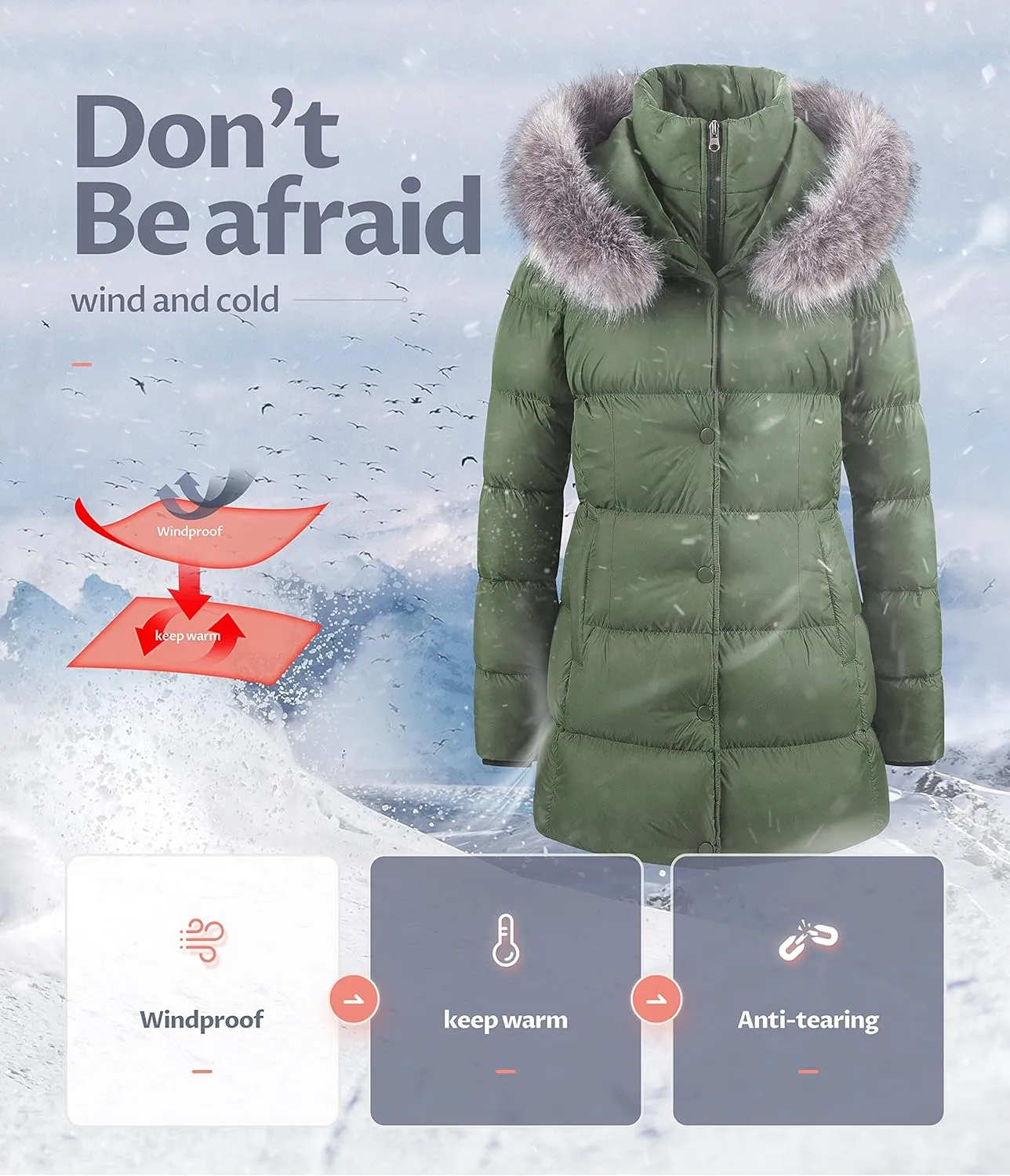 CREATMO US Women's Winter Snow Jacket Long Fur Puffer Coat With Removable Faux Fur Trim