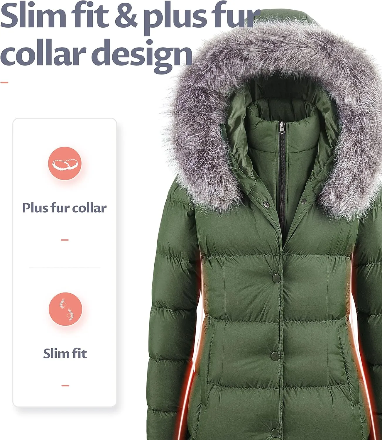 CREATMO US Women's Winter Snow Jacket Long Fur Puffer Coat With Removable Faux Fur Trim