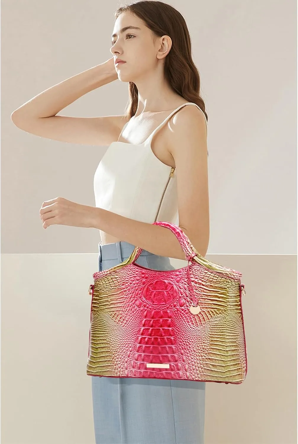 Crocodile Pattern Gradient Top Handle Satchel Large Capacity Tote Bag Casual Versatile Commuter Bag Leather