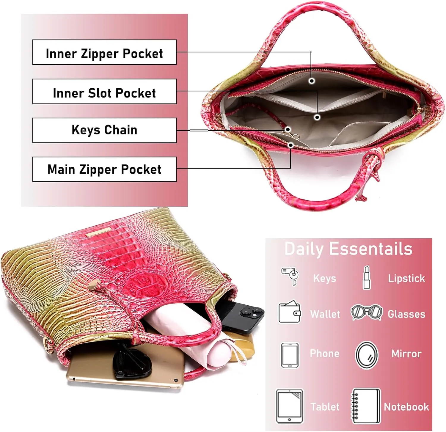 Crocodile Pattern Gradient Top Handle Satchel Large Capacity Tote Bag Casual Versatile Commuter Bag Leather