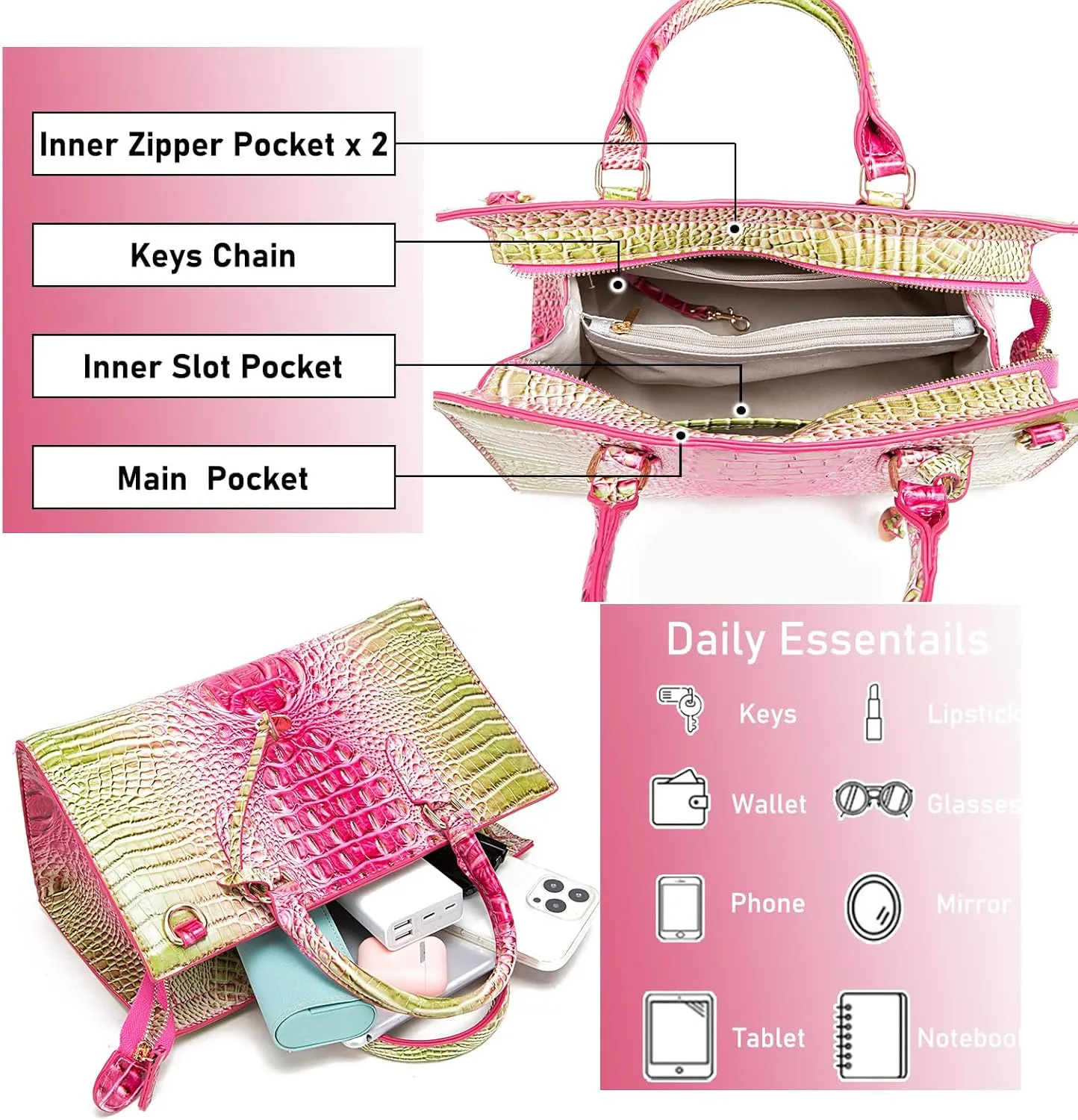 Crocodile Pattern Gradient Top Handle Satchel Large Capacity Tote Bag