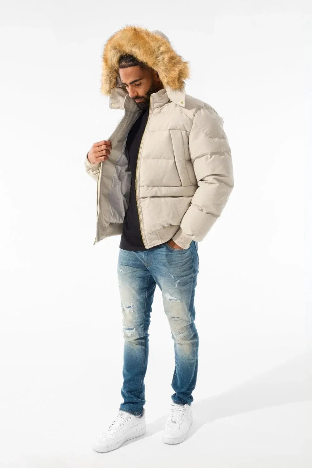 Cross Bay Bomber Jacket with Faux Fur Trim Hood, Quilted,