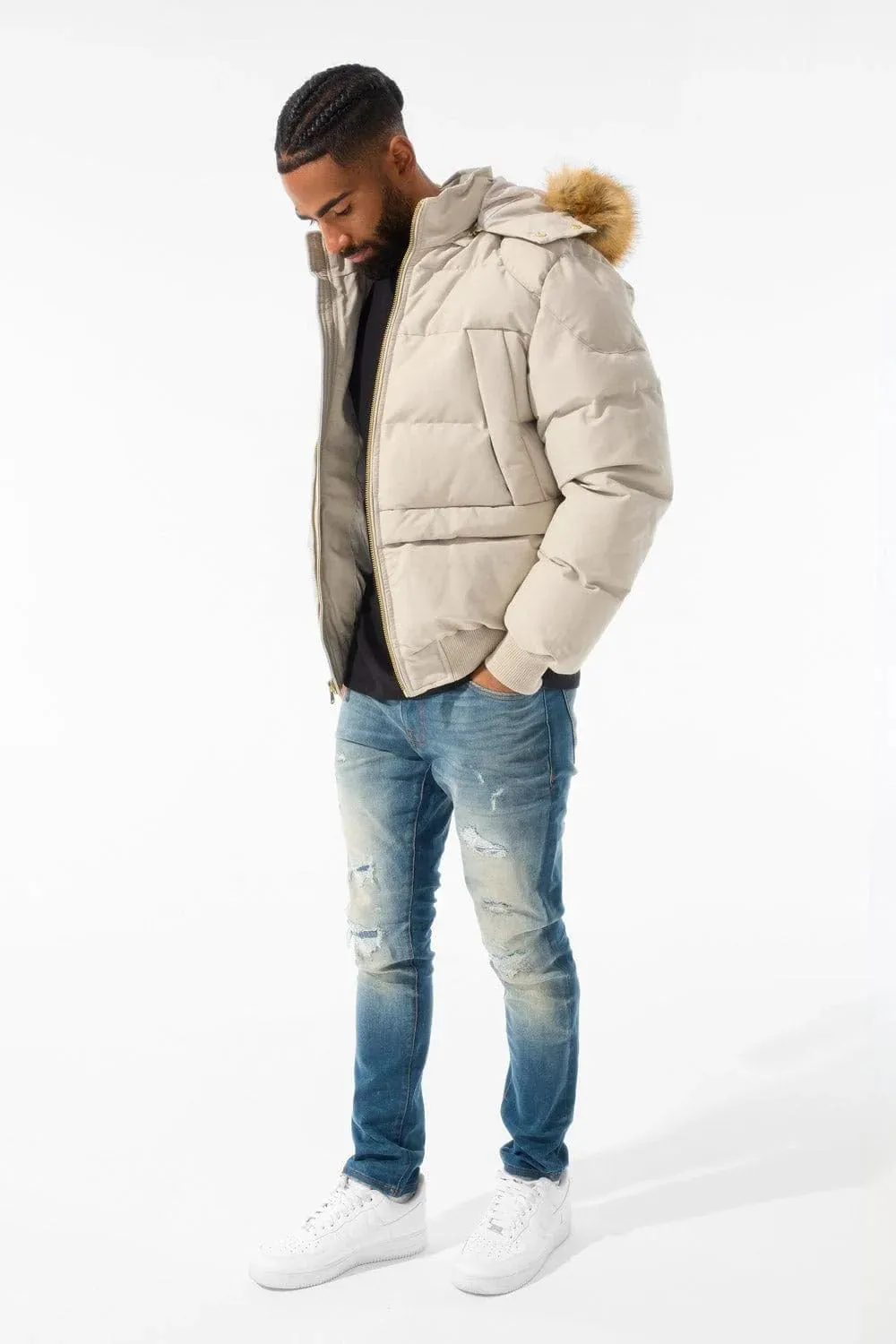 Cross Bay Bomber Jacket with Faux Fur Trim Hood, Quilted,