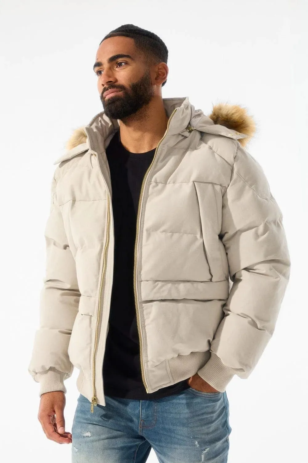 Cross Bay Bomber Jacket with Faux Fur Trim Hood, Quilted,