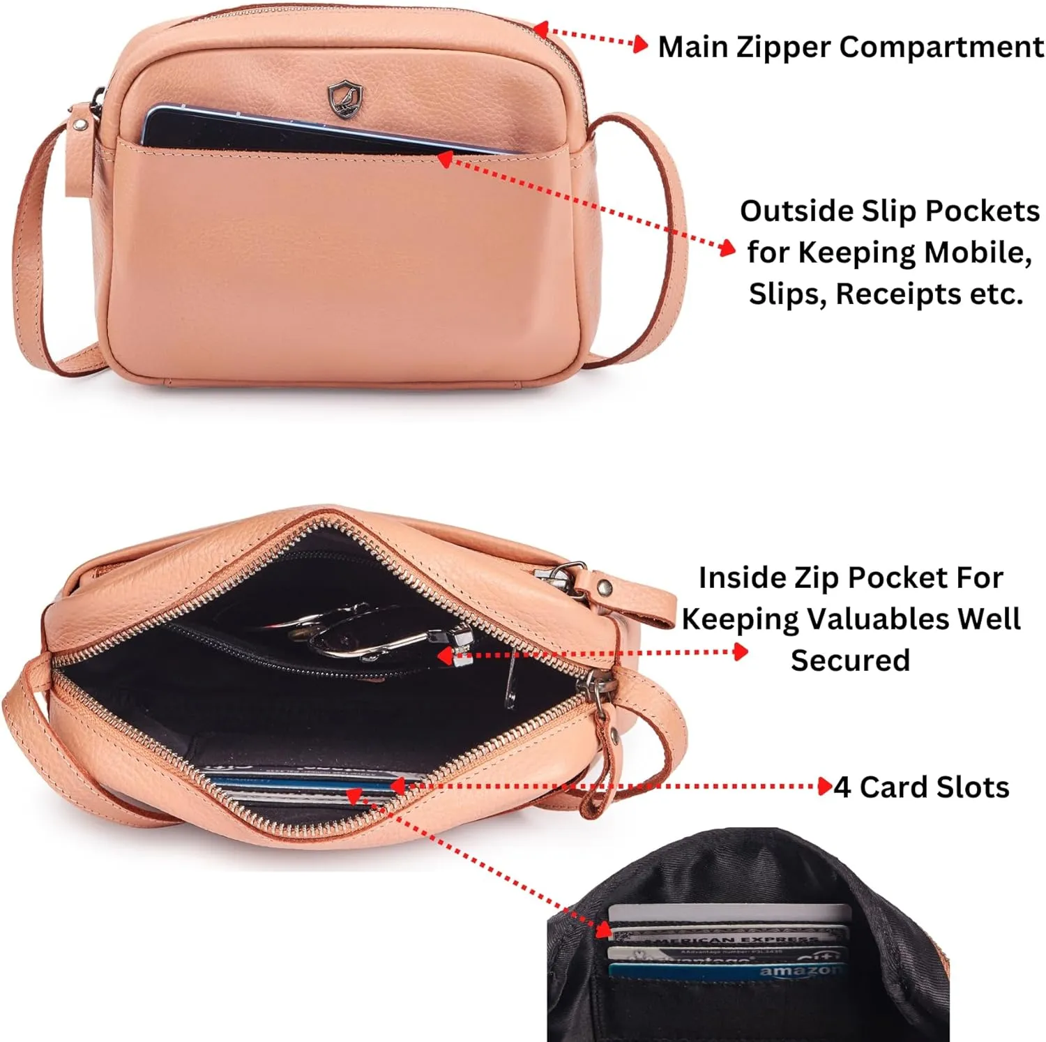 Crossbody Sling Bag for Women Trendy Real Leather Purse Mini Soft Pebbled Crossover with Card Case