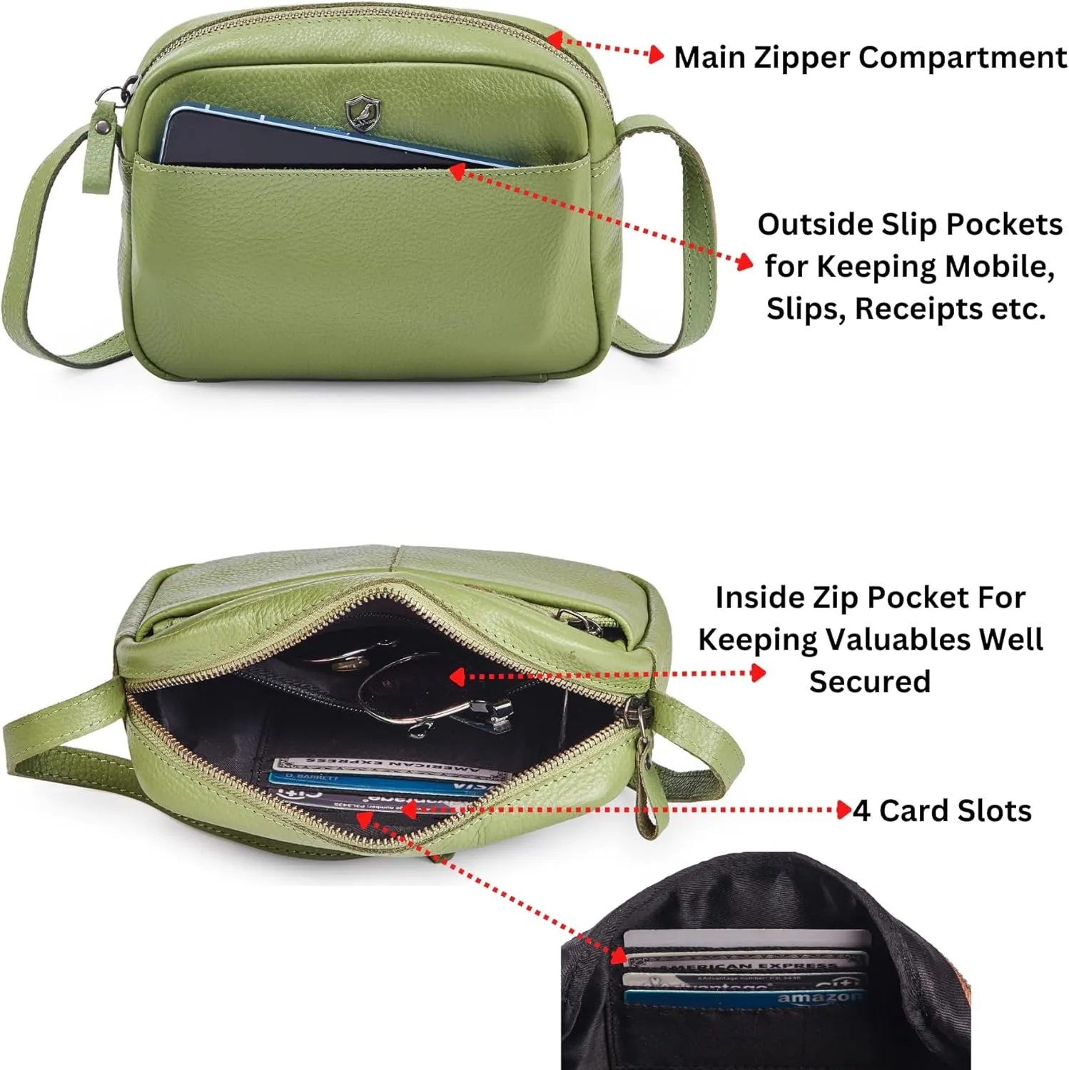 Crossbody Sling Bag for Women Trendy Real Leather Purse Mini Soft Pebbled Crossover with Card Case