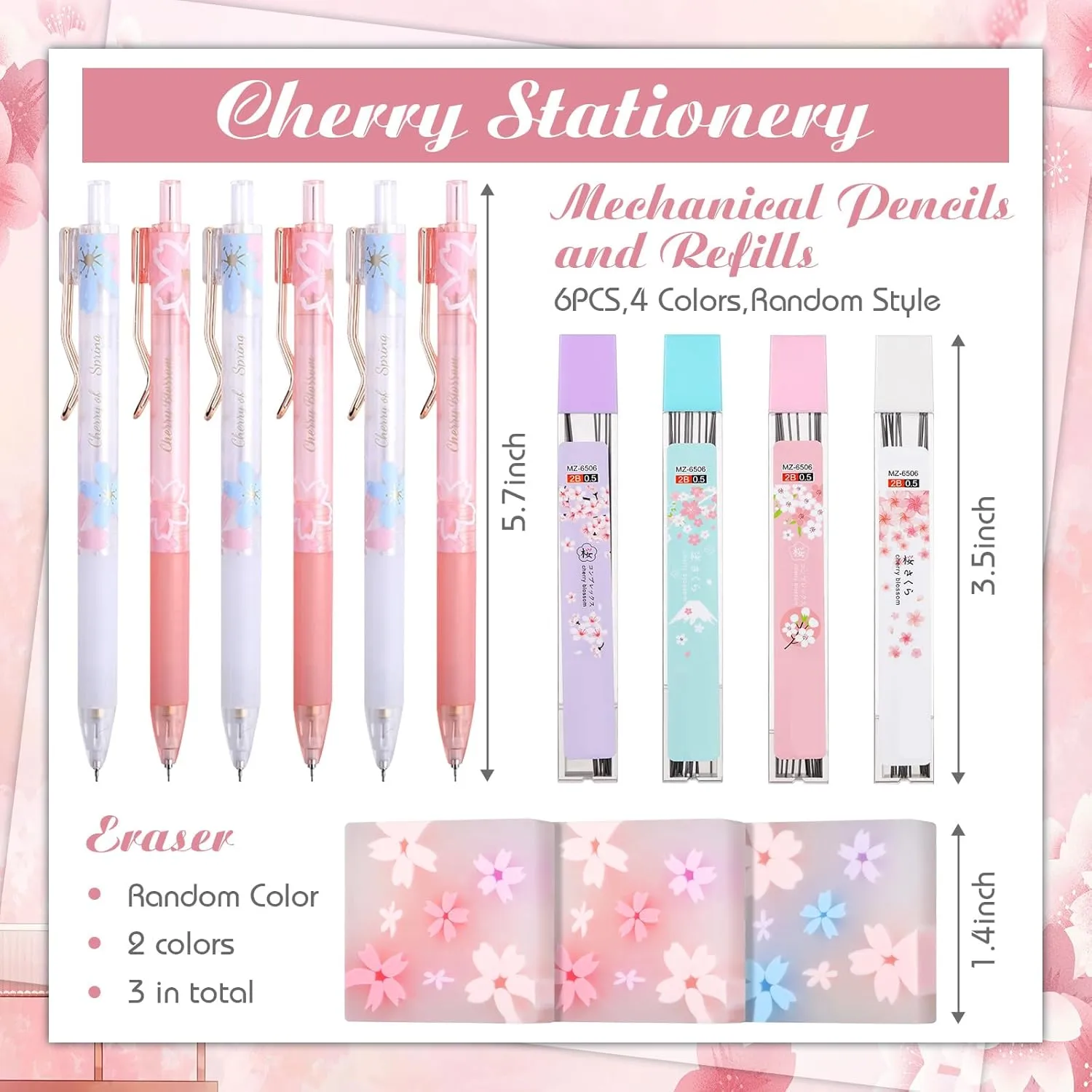 Crtiin 74 Pcs Kawaii Cherry Blossom Stationery Set Japanese Kawaii Pencil Bag Mechanical Pencil Cherry Erasers Pencil Refill and Stickers for Office Party Favors(Pink)