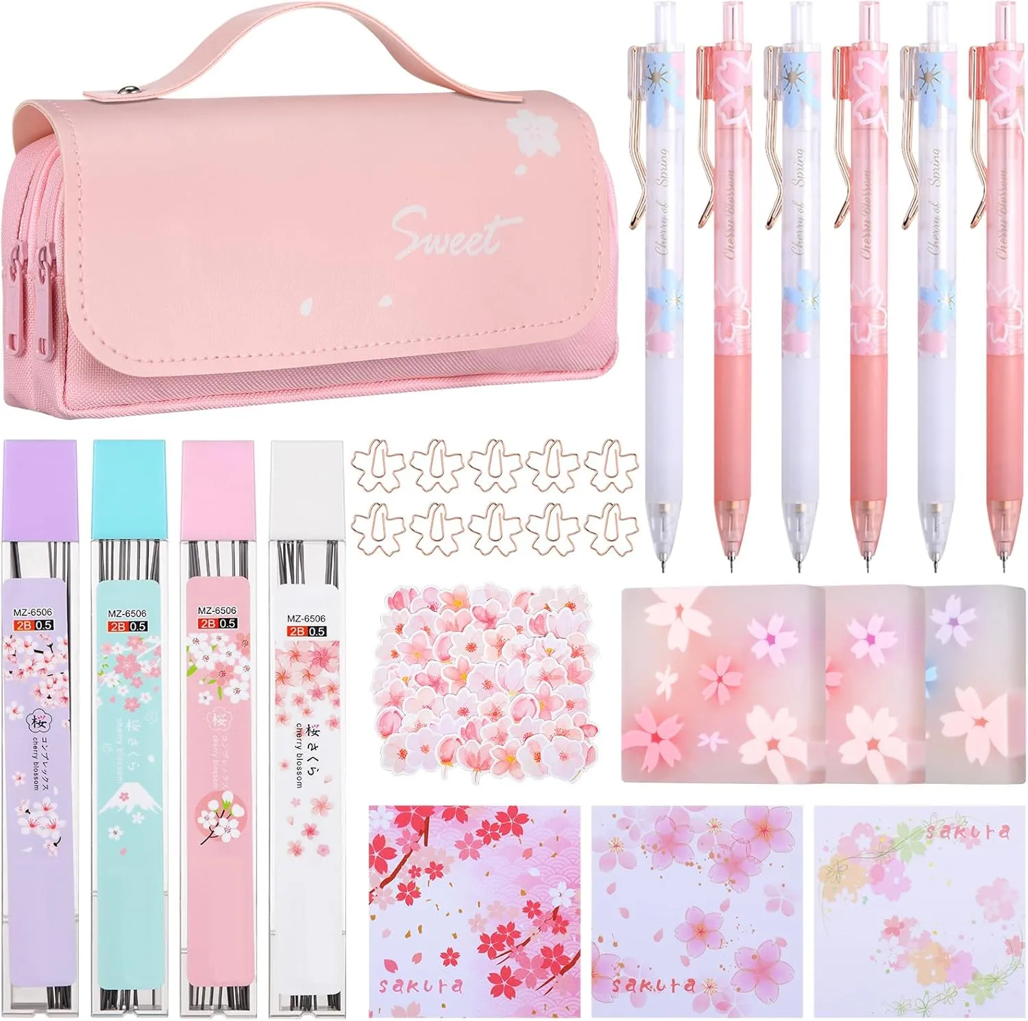 Crtiin 74 Pcs Kawaii Cherry Blossom Stationery Set Japanese Kawaii Pencil Bag Mechanical Pencil Cherry Erasers Pencil Refill and Stickers for Office Party Favors(Pink)