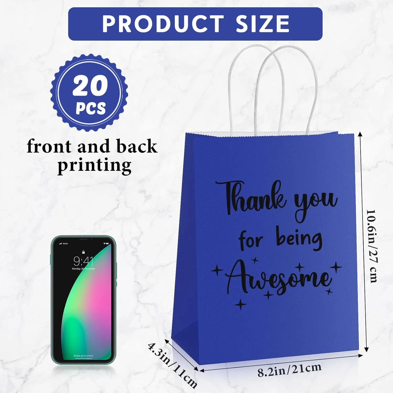 Ctosree 20 Pcs Thank You Gift Paper Bags for Employee Coworker Colleague Thank You for Being Awesome Bags with Handles for Colleague Employee(8.3 x 4.3 x 10.6 Inch,Dark Blue)