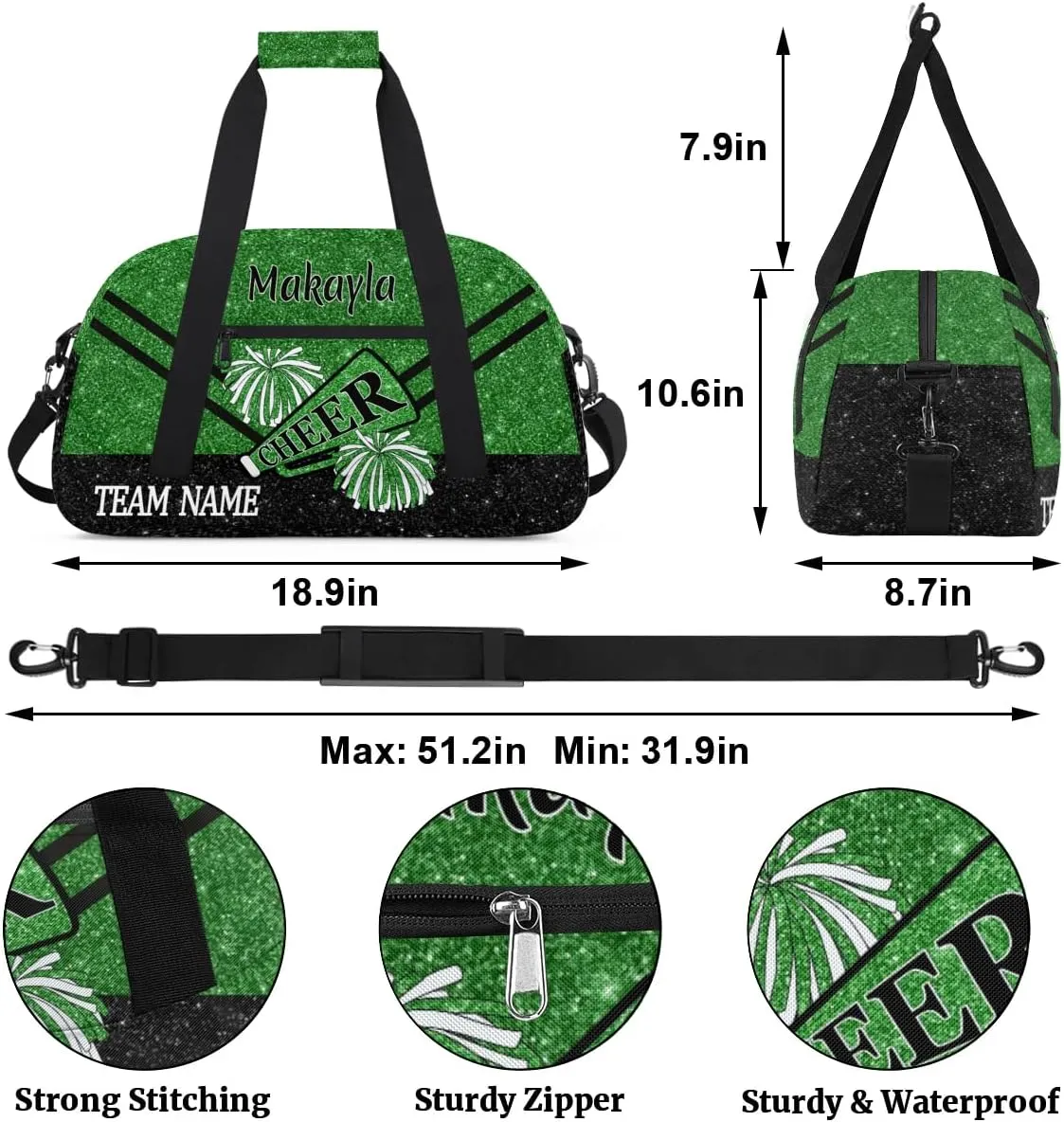 Custom Cheerleading Bag for Girls with Name and Team Name Personalized Cheer Duffle Bag Kids Weekend Travel Bag