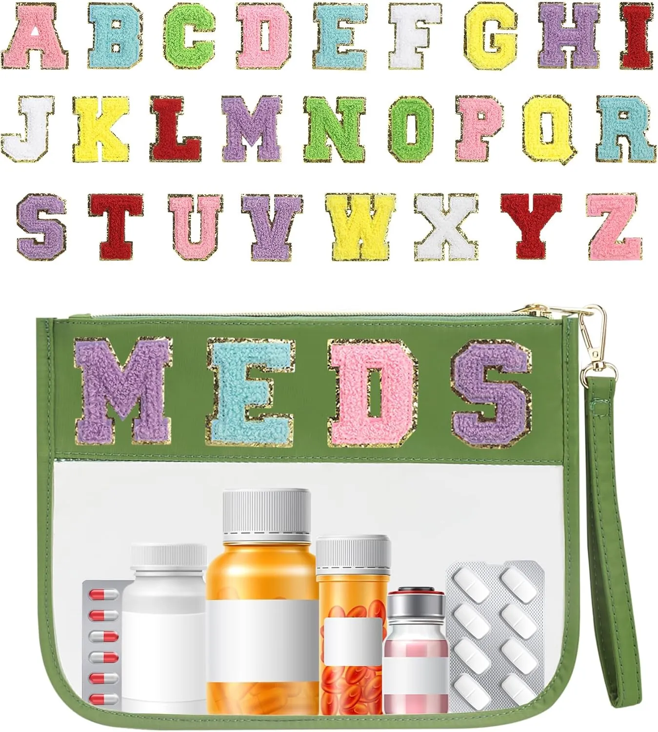 Custom Chenille Letter Bag with 26 Pcs Chenille Letter Patches,Meds Bag,Transparent Medicine Bag with Wrist Strap,First Aid Pouch for Home School Travel Hiking Supplies,11.6x9Inch(Green)