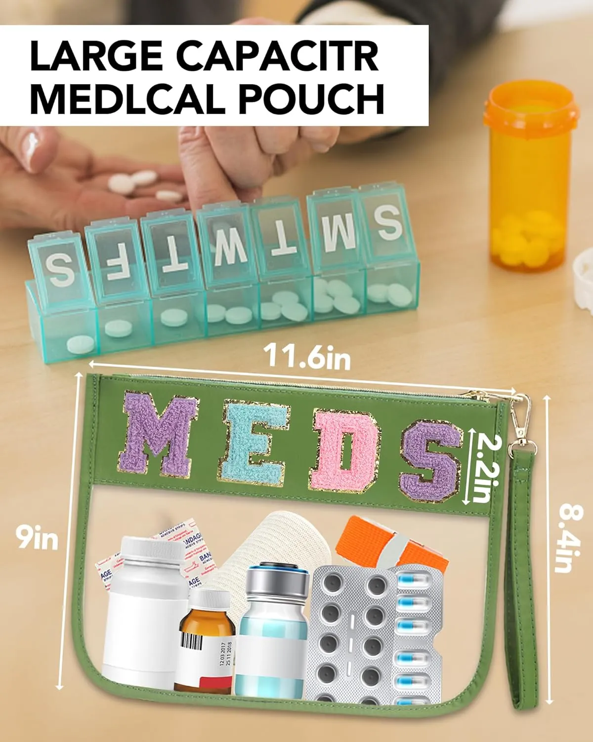 Custom Chenille Letter Bag with 26 Pcs Chenille Letter Patches,Meds Bag,Transparent Medicine Bag with Wrist Strap,First Aid Pouch for Home School Travel Hiking Supplies,11.6x9Inch(Green)