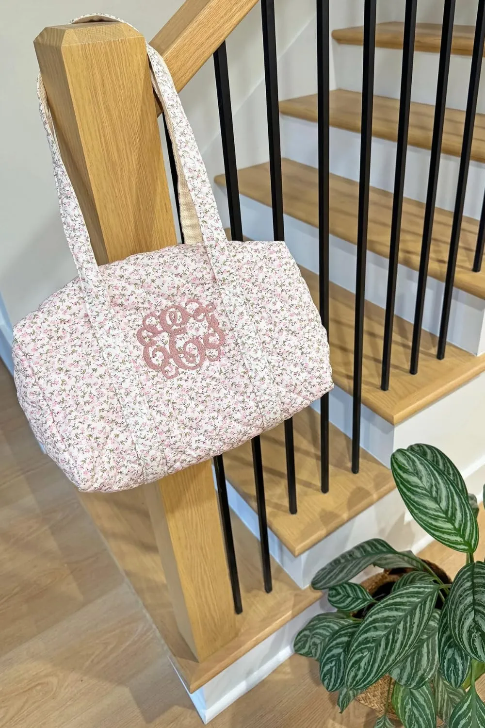 Custom Embroidered Quilted Tote Bag – Monogrammed Small Duffle for Women, Floral Travel Bag with Zipper, Personalized Overnight Bag, Bridesmaid or Gift for Her (Blush, Personalized)