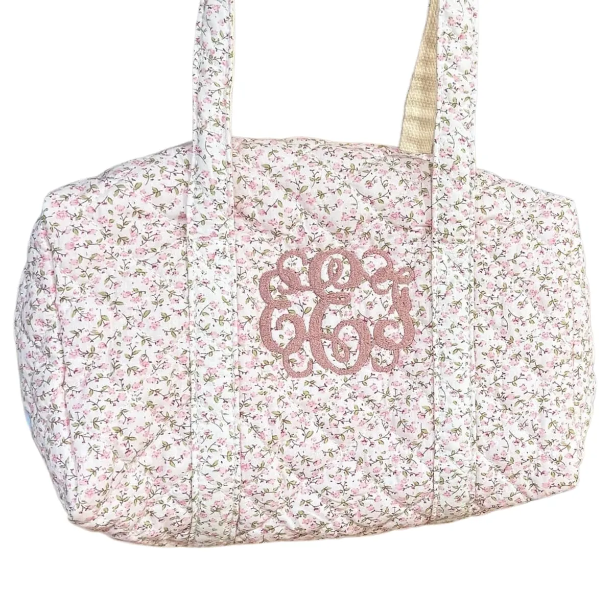 Custom Embroidered Quilted Tote Bag – Monogrammed Small Duffle for Women, Floral Travel Bag with Zipper, Personalized Overnight Bag, Bridesmaid or Gift for Her (Blush, Personalized)