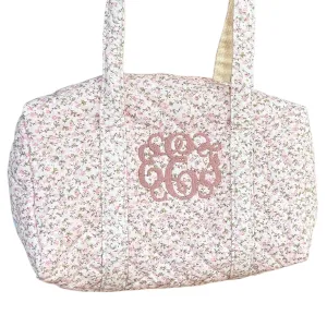 Custom Embroidered Quilted Tote Bag – Monogrammed Small Duffle for Women, Floral Travel Bag with Zipper, Personalized Overnight Bag, Bridesmaid or Gift for Her (Blush, Personalized)