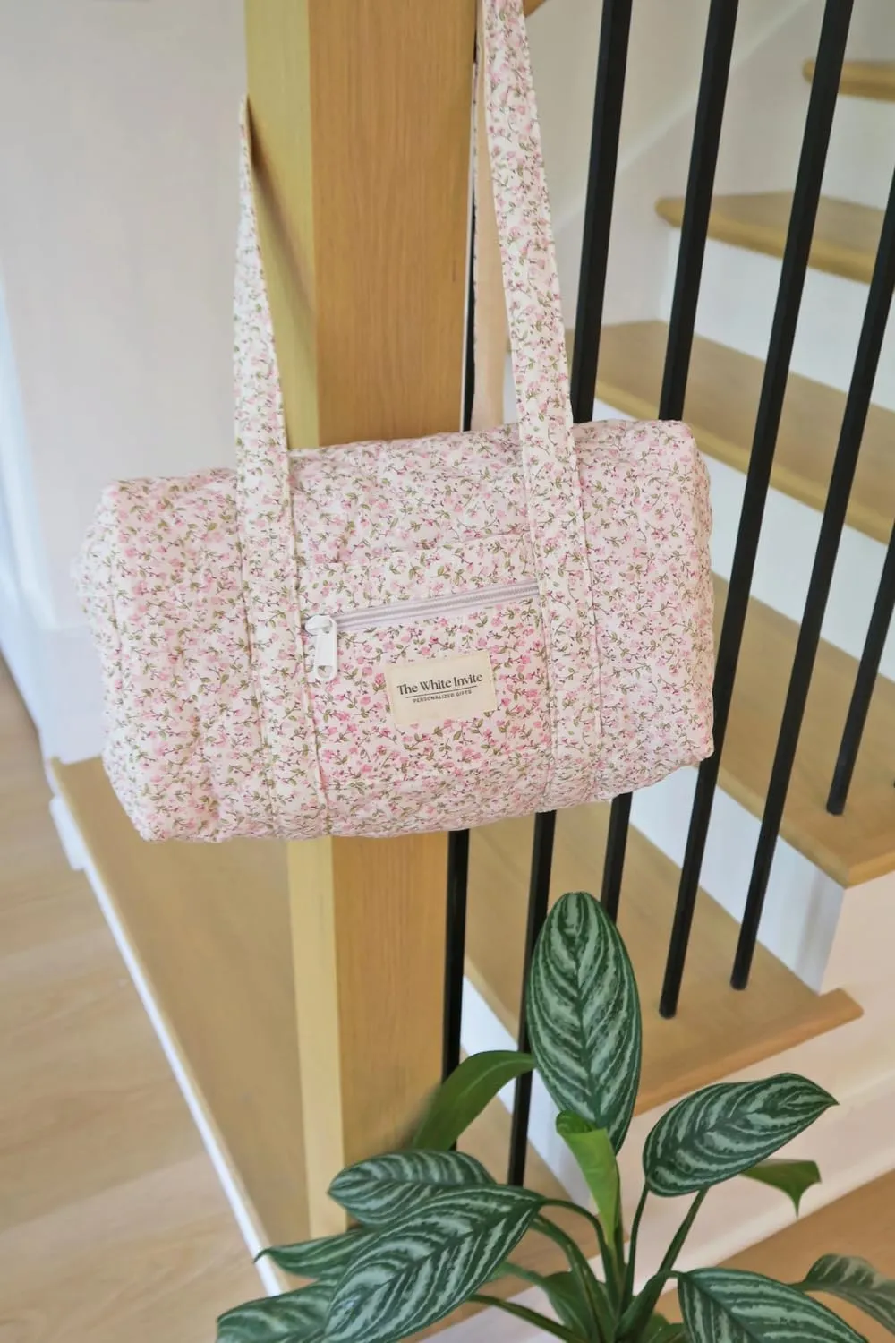 Custom Embroidered Quilted Tote Bag – Monogrammed Small Duffle for Women, Floral Travel Bag with Zipper, Personalized Overnight Bag, Bridesmaid or Gift for Her (Blush, Personalized)