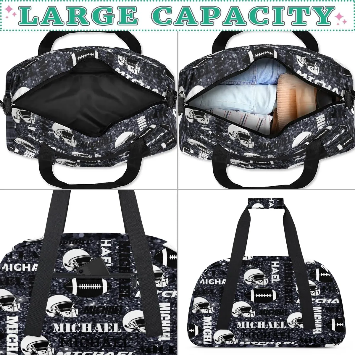 Custom Football Gym Bag Duffel Bag for Women Men, Personalized Sport Bag Overnight Bags Custom Name Travel Weekender Bag, Dark Glitter