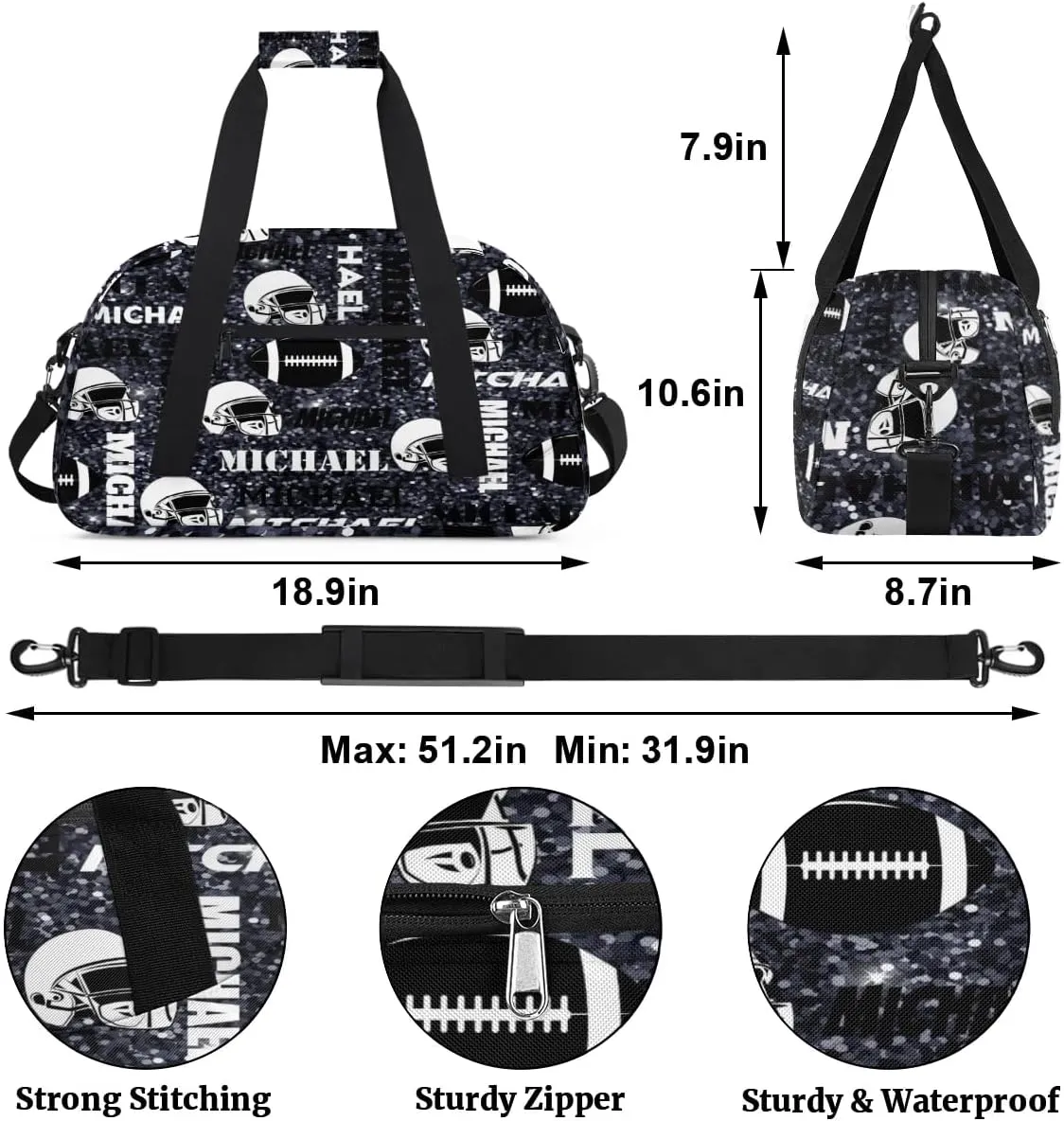 Custom Football Gym Bag Duffel Bag for Women Men, Personalized Sport Bag Overnight Bags Custom Name Travel Weekender Bag, Dark Glitter