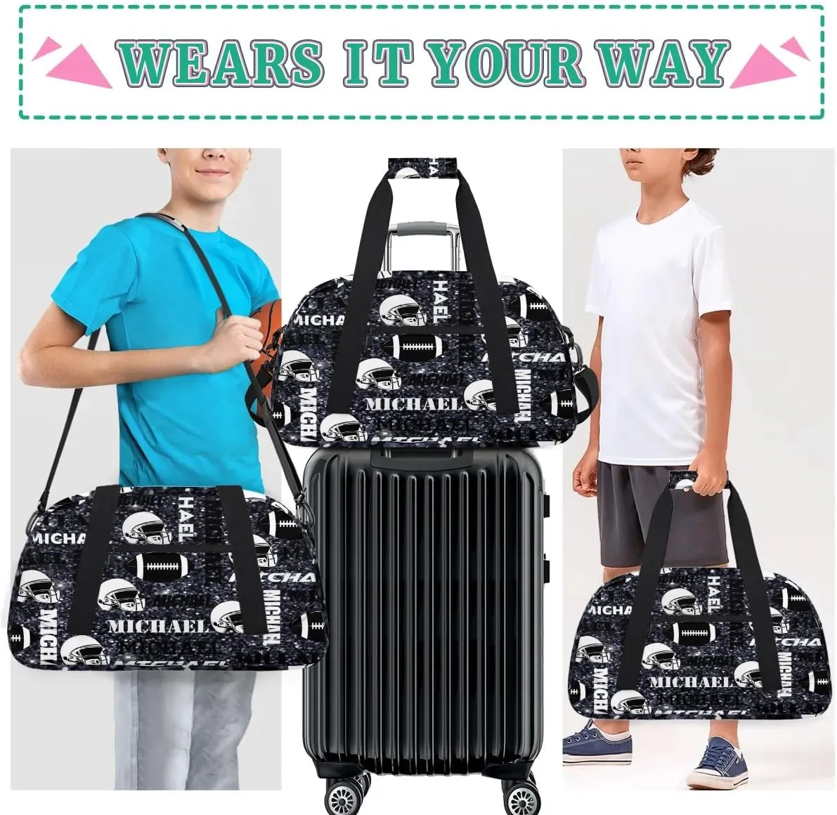 Custom Football Gym Bag Duffel Bag for Women Men, Personalized Sport Bag Overnight Bags Custom Name Travel Weekender Bag, Dark Glitter