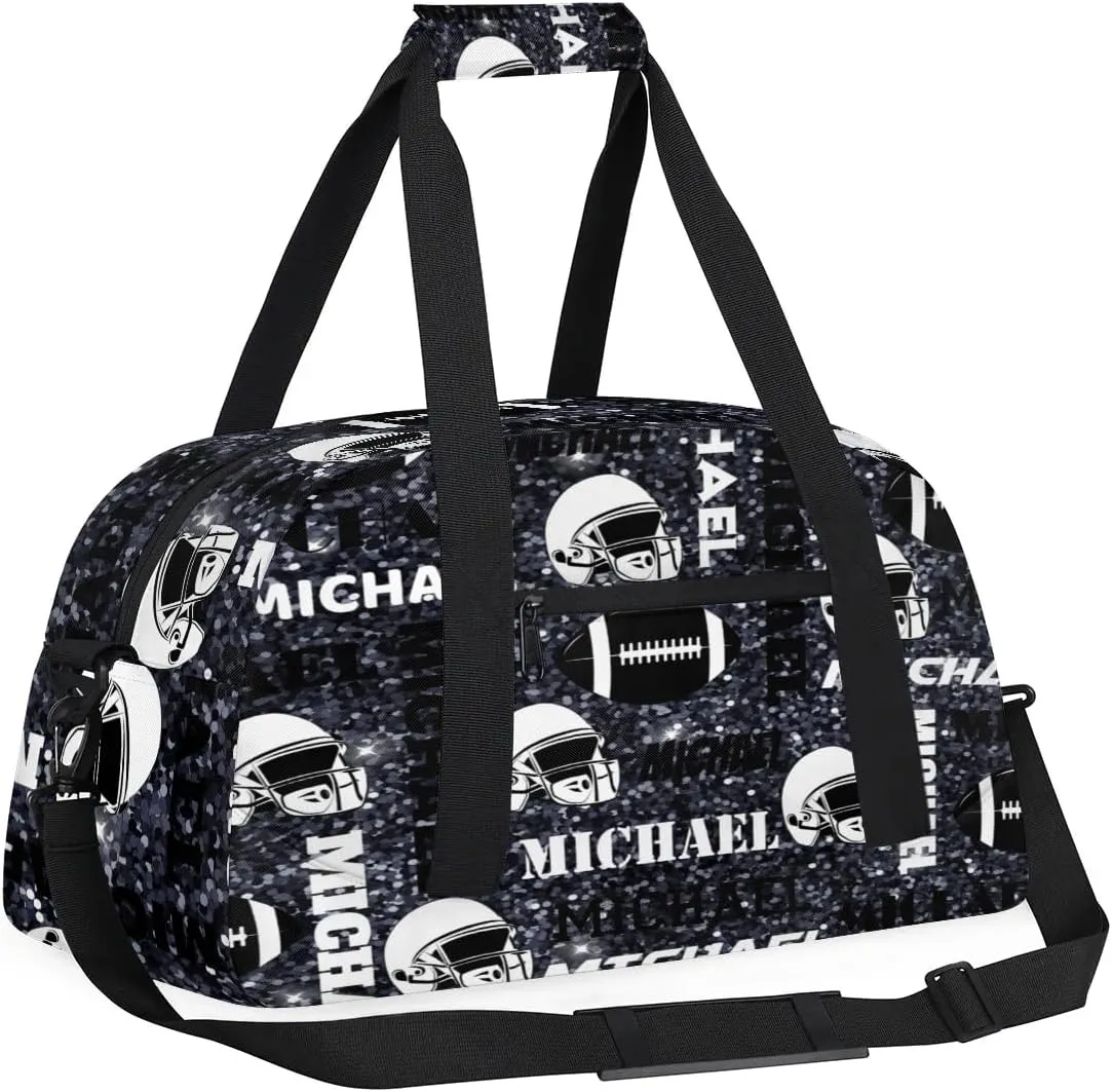 Custom Football Gym Bag Duffel Bag for Women Men, Personalized Sport Bag Overnight Bags Custom Name Travel Weekender Bag, Dark Glitter