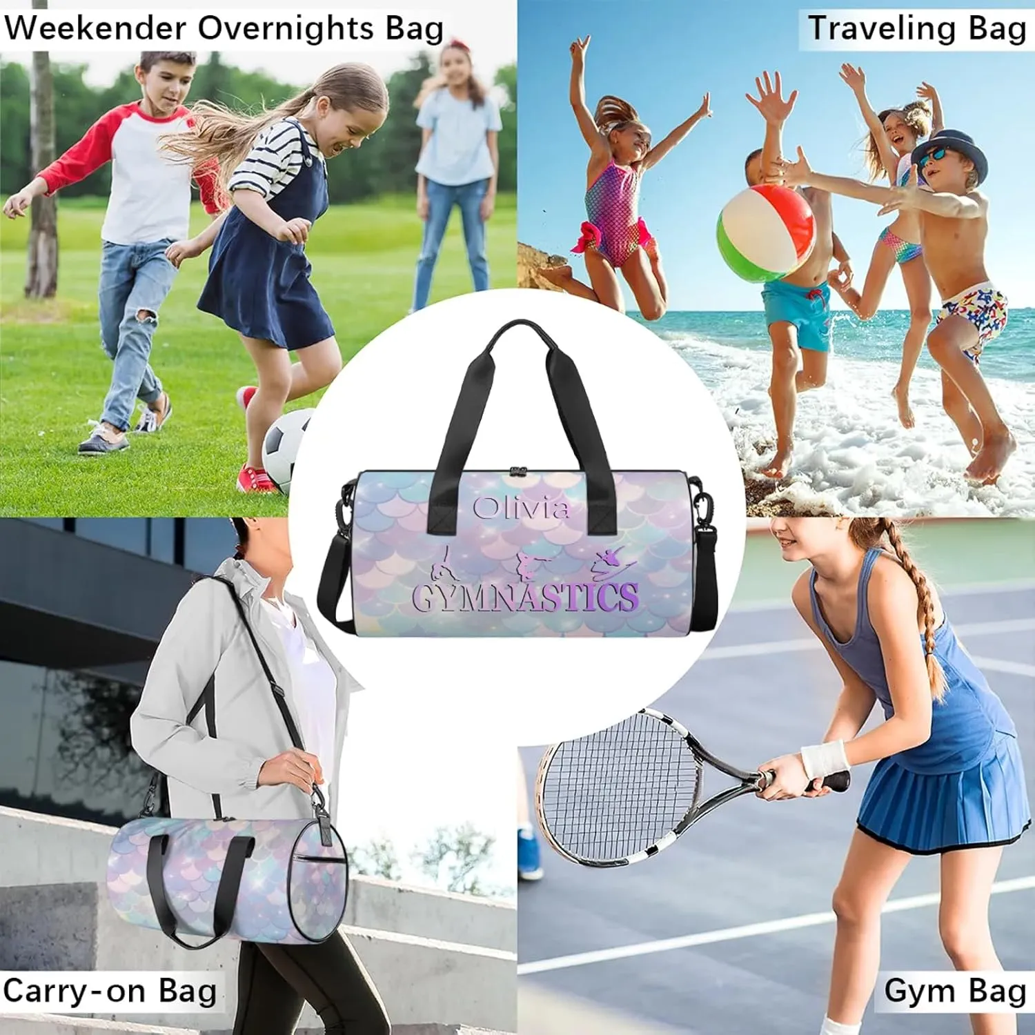 Custom Gymnastics Duffel Bag Round Personalized Name Dance Ballet Bags Waterproof