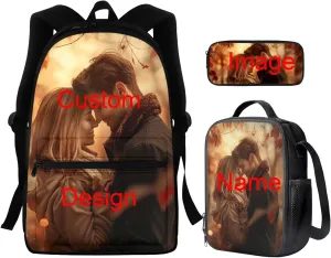 Custom Image Name Backpack with Lunch Bag for Boys Girls Multi-Functional Large Messenger Bag for School Waterproof Leakprood Freezable Lunch Bag and Pencil Case for Students