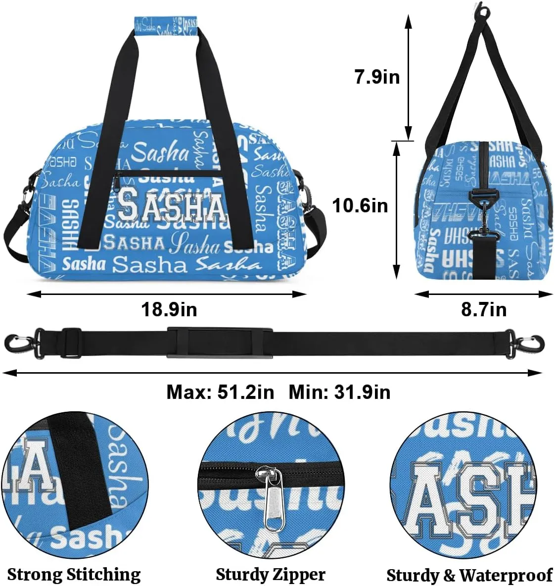 Custom Initial Dance Bag Gym Bag for Women, Monogrammed Personalized Sport Duffel Bag Weekender Bags Travel Duffel Bag Blue Ballet Bags